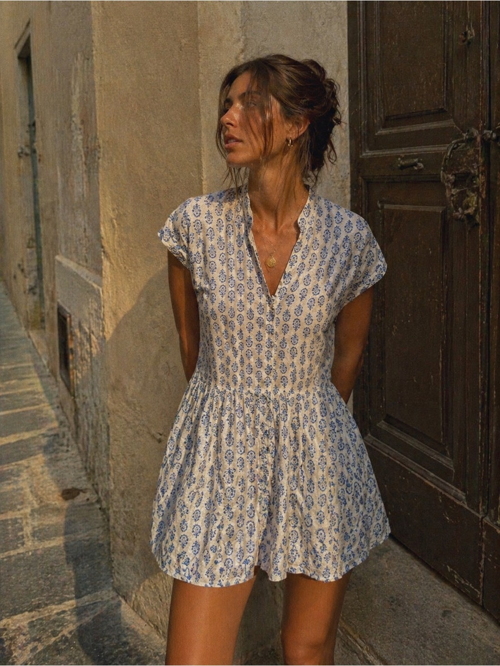 H&M Blue & White Block Print Button Front Mini Dress | Boho Euro Summer | S
